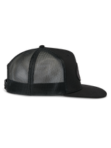 Alpinestars Finisher Trucker Hat, side profile view, black with a structured crown and curved bill, breathable mesh back panels, adjustable snapback closure, casual motorsport-inspired streetwear
