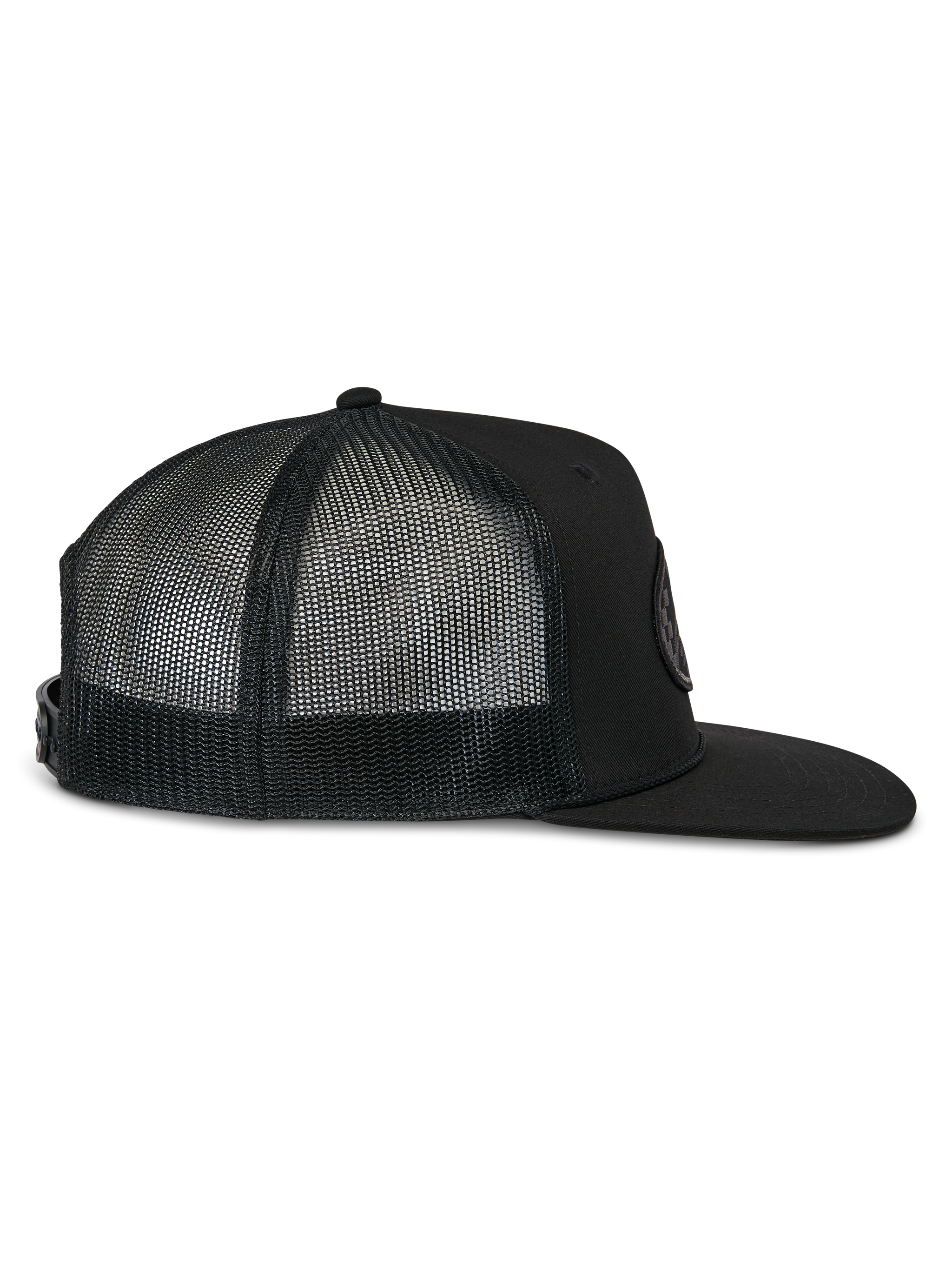 Alpinestars Finisher Trucker Hat, side profile view, black with a structured crown and curved bill, breathable mesh back panels, adjustable snapback closure, casual motorsport-inspired streetwear