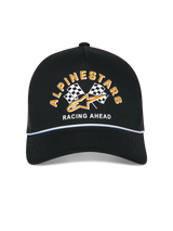 Alpinestars Finisher Trucker Hat, Black, front view featuring a structured crown and curved bill, checkered flag print with gold Alpinestars logo and 'Racing Ahead' text, white rope detail, breathable mesh back