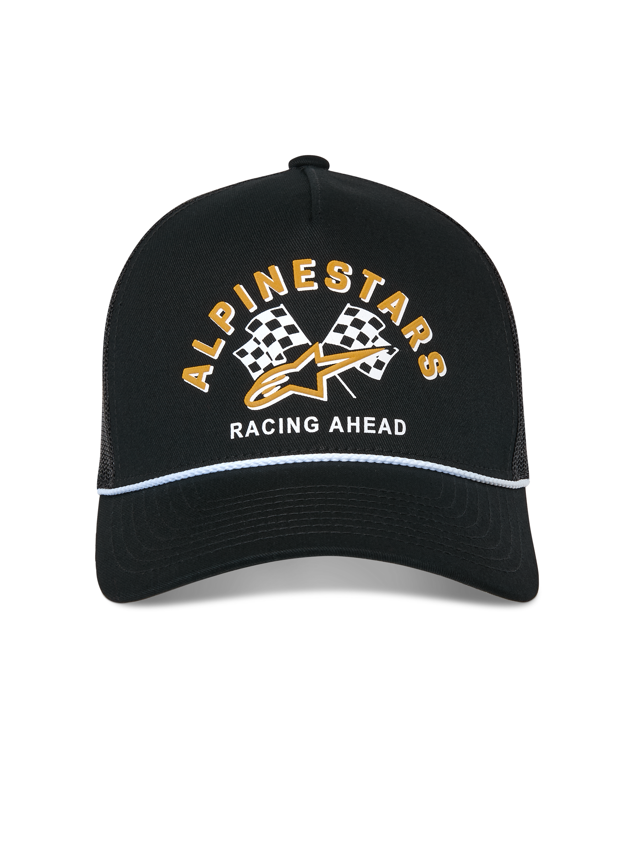 Alpinestars Finisher Trucker Hat, Black, front view featuring a structured crown and curved bill, checkered flag print with gold Alpinestars logo and 'Racing Ahead' text, white rope detail, breathable mesh back