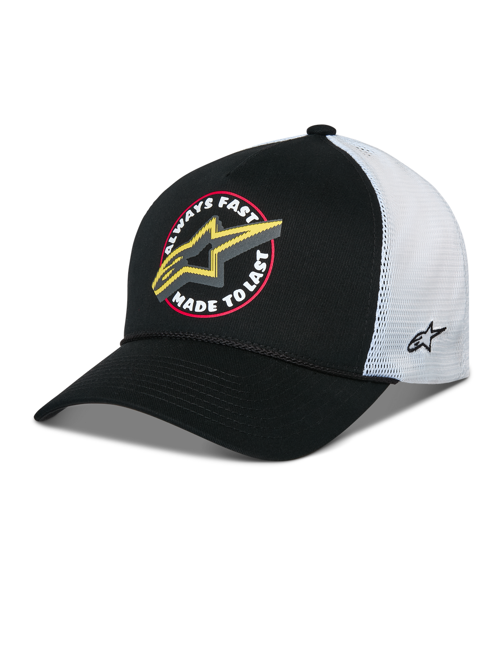 Alpinestars Aorbit Trucker Hat, cappellino snapback bianco e nero, con grafica frontale 'Always Fast Made to Last' e logo Astars giallo, retro in rete bianca con ricamo laterale e visiera curva