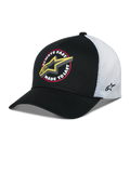 Alpinestars Aorbit Trucker Hat, cappellino snapback bianco e nero, con grafica frontale 'Always Fast Made to Last' e logo Astars giallo, retro in rete bianca con ricamo laterale e visiera curva