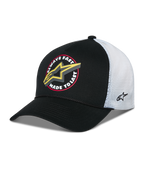 Alpinestars Aorbit Trucker Hat, cappellino snapback bianco e nero, con grafica frontale 'Always Fast Made to Last' e logo Astars giallo, retro in rete bianca con ricamo laterale e visiera curva
