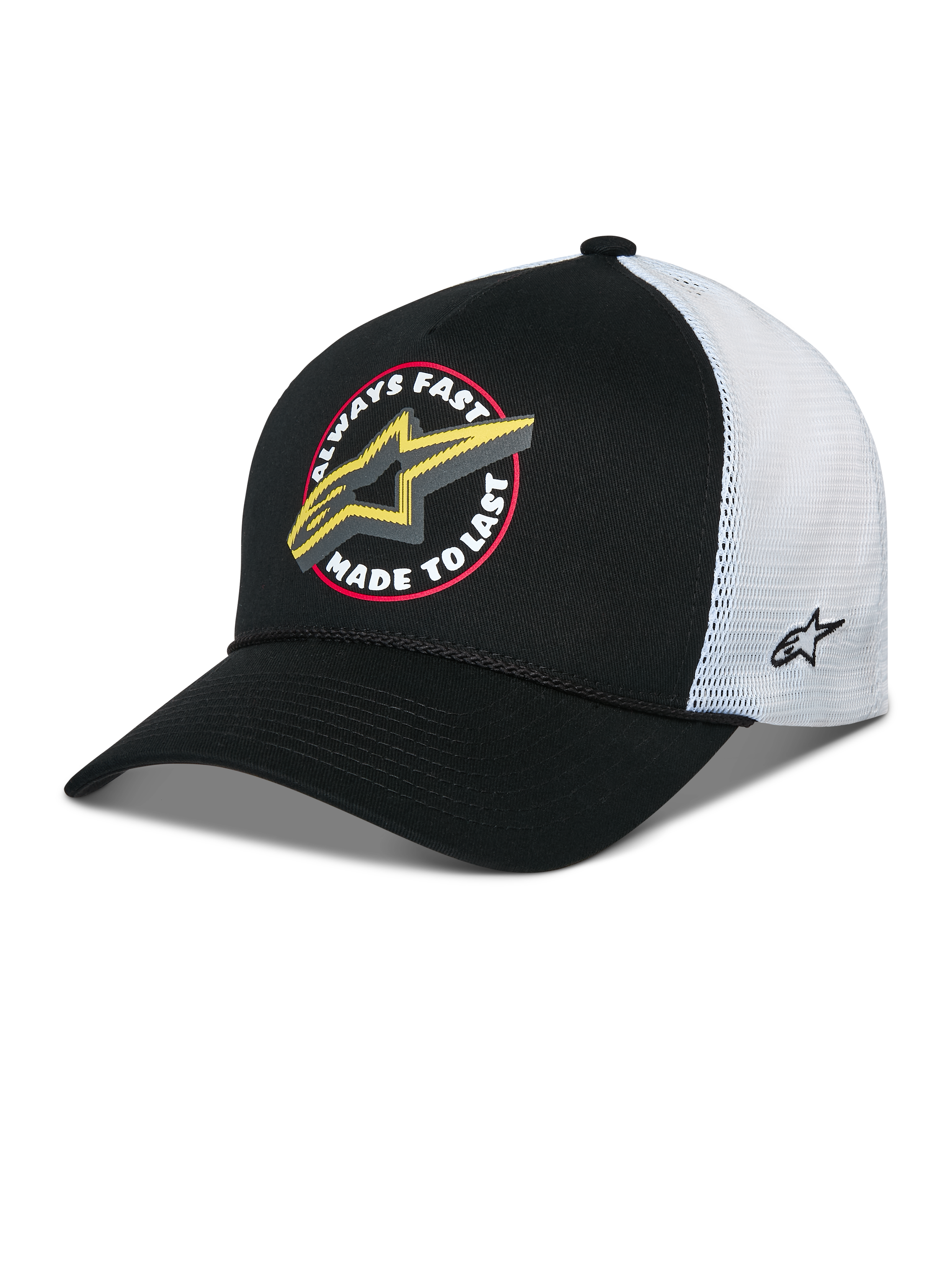 Alpinestars Aorbit Trucker Hat, cappellino snapback bianco e nero, con grafica frontale 'Always Fast Made to Last' e logo Astars giallo, retro in rete bianca con ricamo laterale e visiera curva
