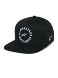 Cappello Alpinestars MX Snapback, cappellino nero a visiera piatta, corona strutturata, grafica frontale circolare bianca Alpinestars Motocross, logo Astars ricamato sul lato, twill di cotone 100%, abbigliamento sportivo casual motorsport