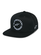 Cappello Alpinestars MX Snapback, cappellino nero a visiera piatta, corona strutturata, grafica frontale circolare bianca Alpinestars Motocross, logo Astars ricamato sul lato, twill di cotone 100%, abbigliamento sportivo casual motorsport