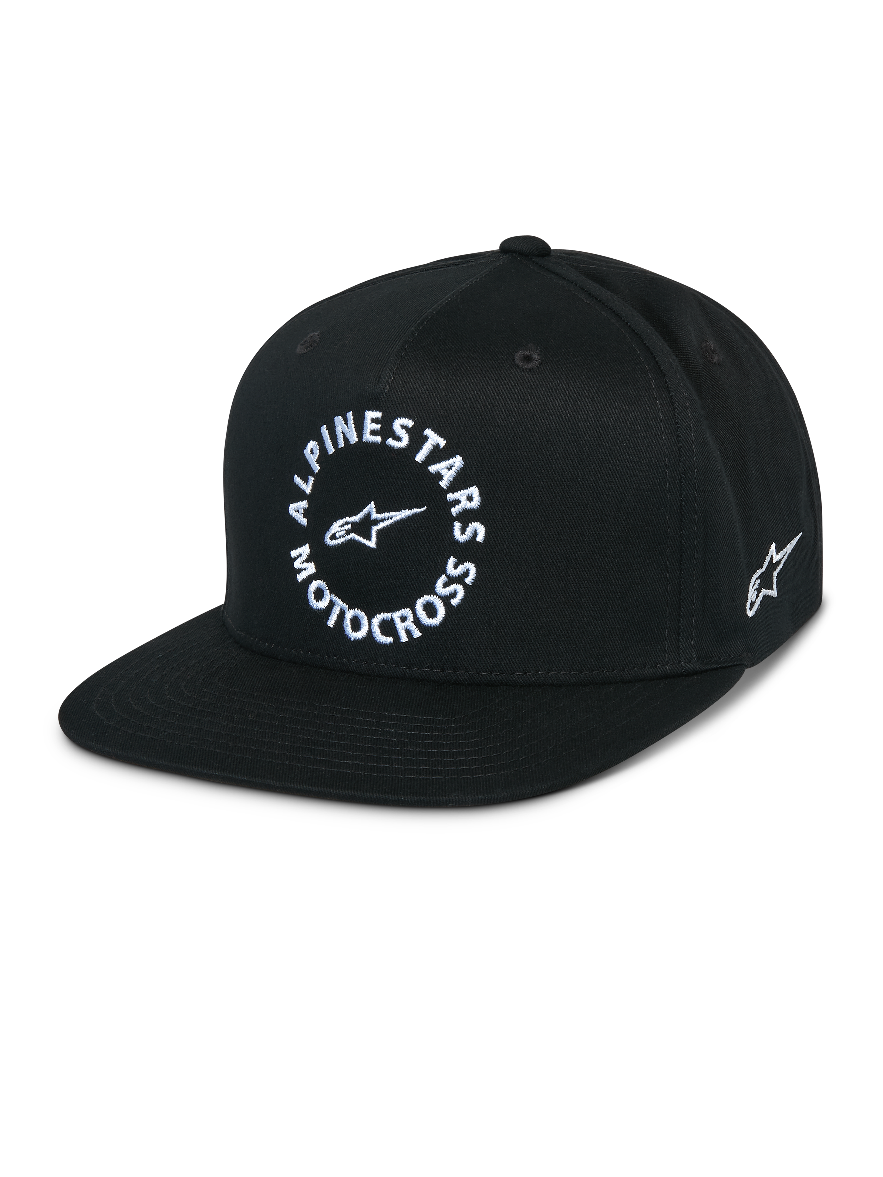 Cappello Alpinestars MX Snapback, cappellino nero a visiera piatta, corona strutturata, grafica frontale circolare bianca Alpinestars Motocross, logo Astars ricamato sul lato, twill di cotone 100%, abbigliamento sportivo casual motorsport
