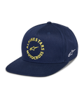 Cappello Alpinestars MX Snapback, blu navy, visiera piatta con corona strutturata, grafica frontale Alpinestars Motocross ricamata in giallo, logo Astars bianco laterale, twill di cotone, copricapo casual da motorsport