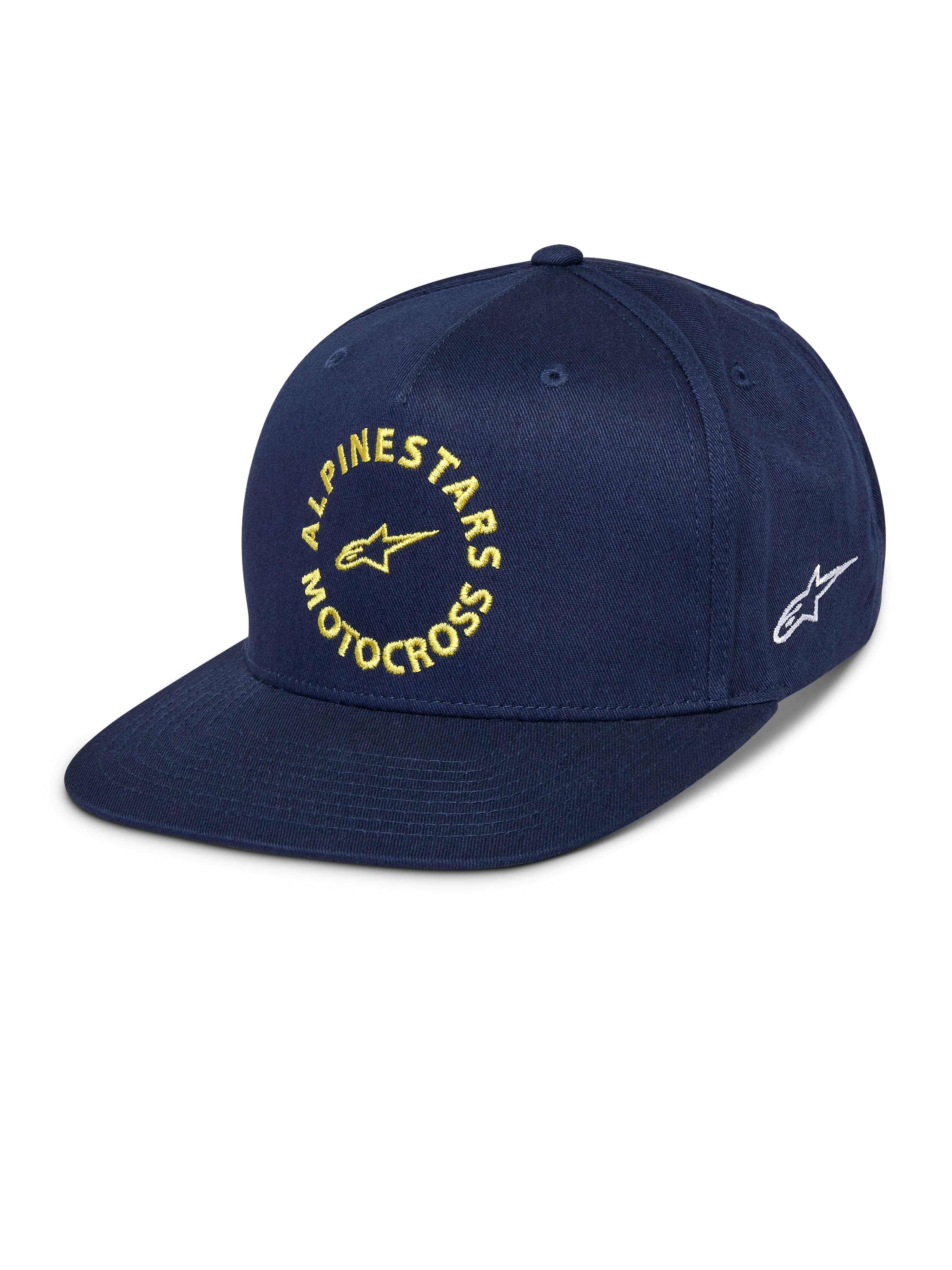 Cappello Alpinestars MX Snapback, blu navy, visiera piatta con corona strutturata, grafica frontale Alpinestars Motocross ricamata in giallo, logo Astars bianco laterale, twill di cotone, copricapo casual da motorsport
