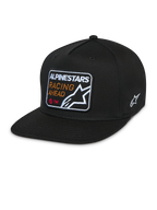 Alpinestars Intuitive Snapback Hat, nero, visiera piatta con corona strutturata, patch ricamata frontale con scritta 'Alpinestars Racing Ahead' e logo, logo Astars bianco laterale, cappello casual in twill