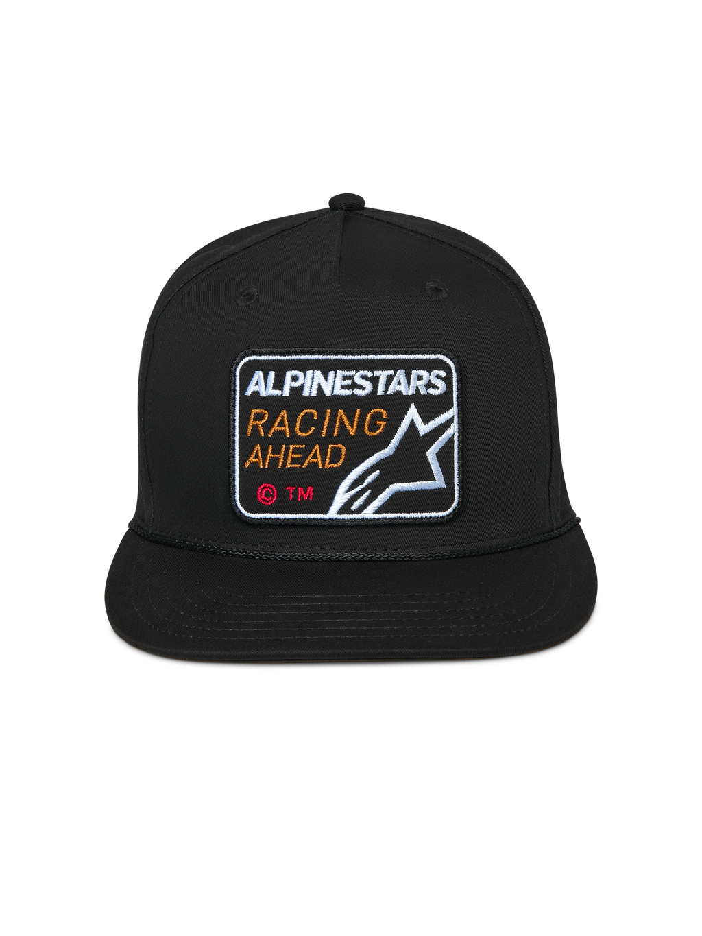 Cappello Alpinestars Intuitive Snapback, nero, patch ricamata frontale Alpinestars Racing Ahead, visiera piatta con corona strutturata, copricapo casual motorsport