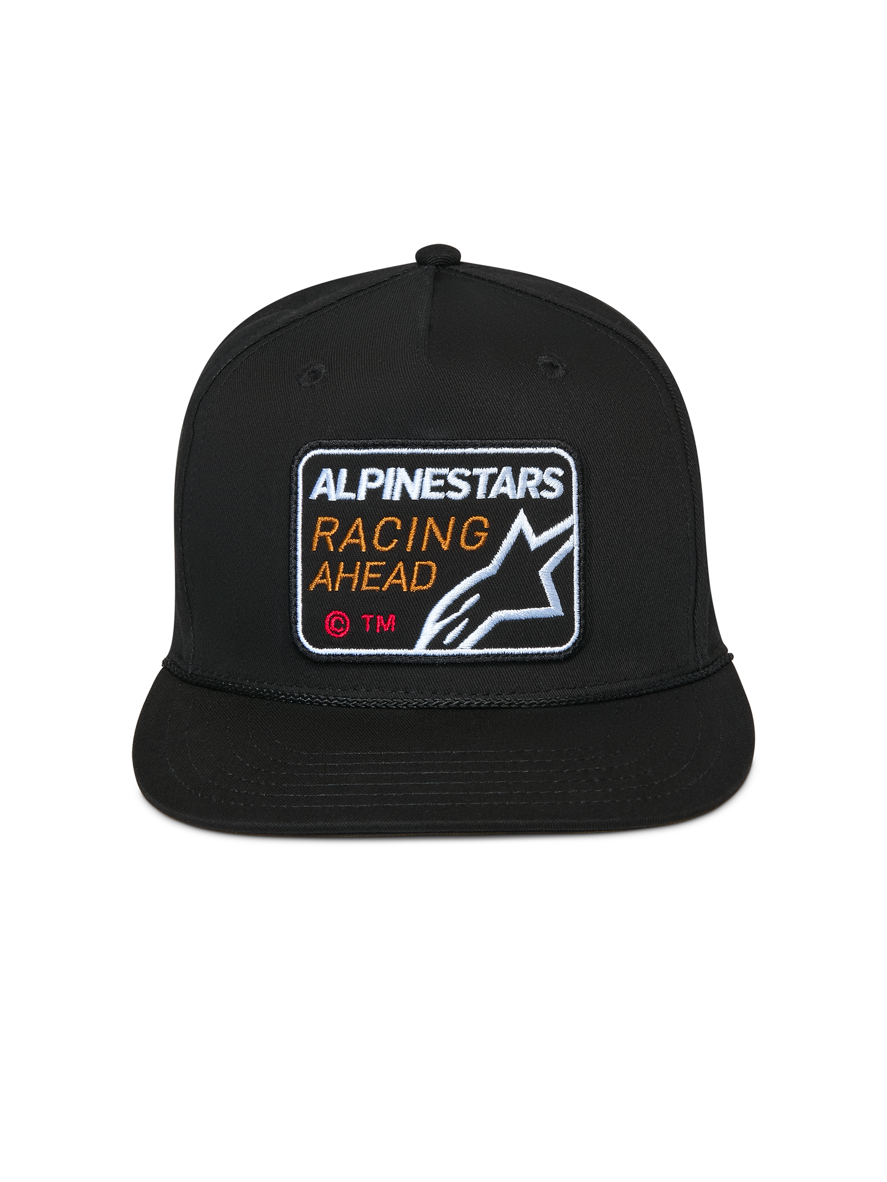 Cappello Alpinestars Intuitive Snapback, nero, patch ricamata frontale Alpinestars Racing Ahead, visiera piatta con corona strutturata, copricapo casual motorsport