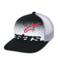 Alpinestars Cappellino Trucker Component, nero e bianco, visiera piatta con corona strutturata, retro in rete bianca traspirante, pannello frontale con profilo del logo Astars rosso e wordmark nero con design a gradazione MX, copricapo casual motorsport