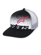 Alpinestars Cappellino Trucker Component, nero e bianco, visiera piatta con corona strutturata, retro in rete bianca traspirante, pannello frontale con profilo del logo Astars rosso e wordmark nero con design a gradazione MX, copricapo casual motorsport