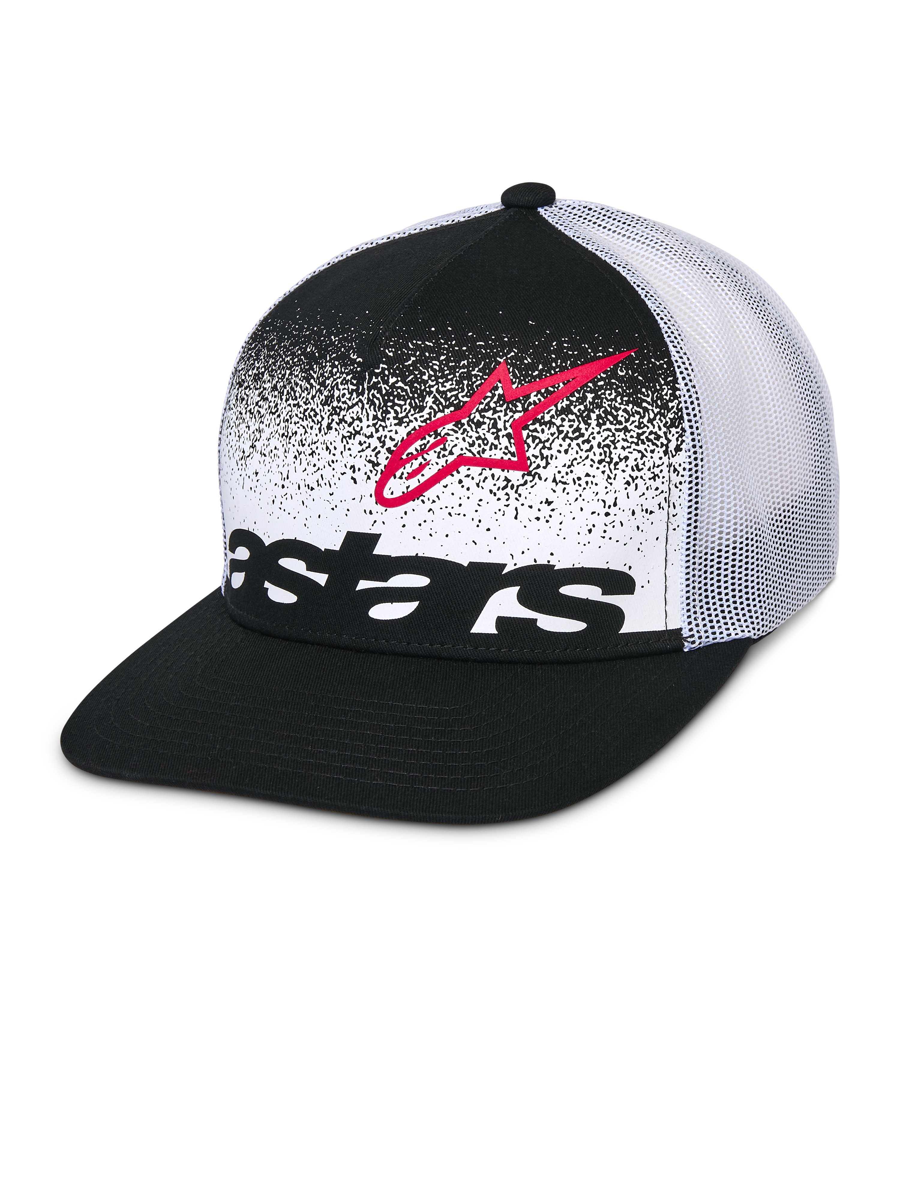 Alpinestars Cappellino Trucker Component, nero e bianco, visiera piatta con corona strutturata, retro in rete bianca traspirante, pannello frontale con profilo del logo Astars rosso e wordmark nero con design a gradazione MX, copricapo casual motorsport