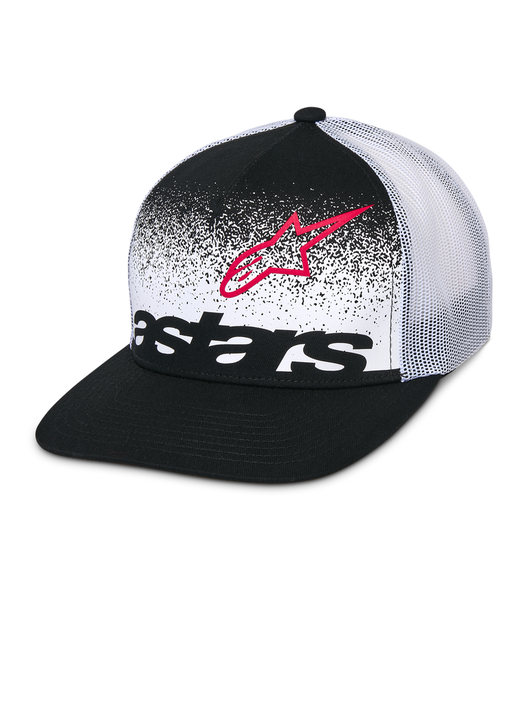 Alpinestars Cappellino Trucker Component, nero e bianco, visiera piatta con corona strutturata, retro in rete bianca traspirante, pannello frontale con profilo del logo Astars rosso e wordmark nero con design a gradazione MX, copricapo casual motorsport