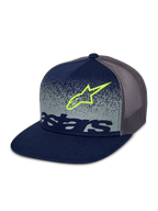Cappellino Alpinestars Component Trucker, blu navy e grigio, visiera piatta con corona strutturata, retro in rete grigia, logo Astars verde lime e scritta navy su pannello frontale con sfumatura MX grigia punteggiata