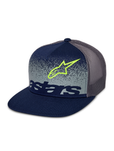 Cappellino Alpinestars Component Trucker, blu navy e grigio, visiera piatta con corona strutturata, retro in rete grigia, logo Astars verde lime e scritta navy su pannello frontale con sfumatura MX grigia punteggiata