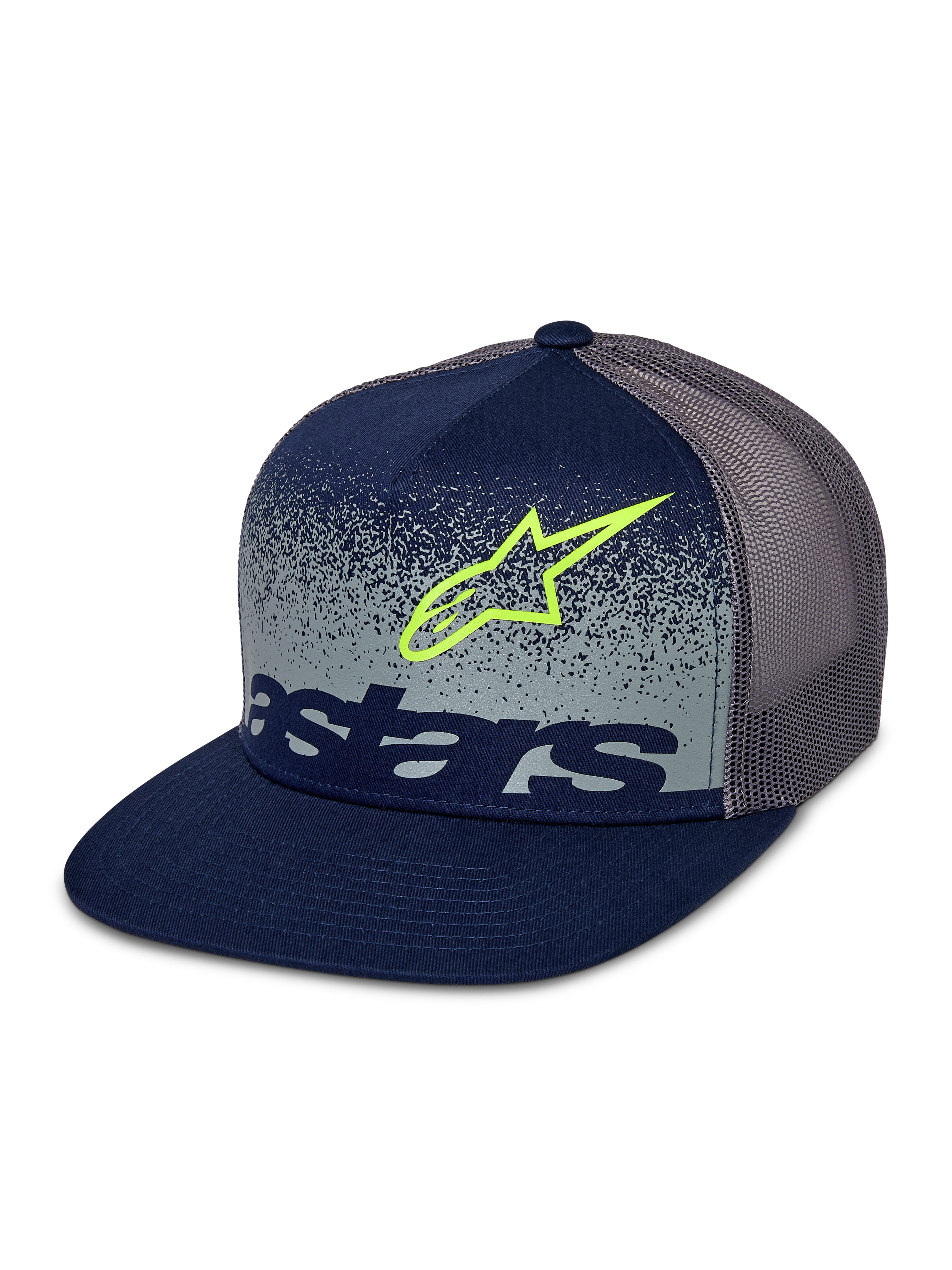 Cappellino Alpinestars Component Trucker, blu navy e grigio, visiera piatta con corona strutturata, retro in rete grigia, logo Astars verde lime e scritta navy su pannello frontale con sfumatura MX grigia punteggiata