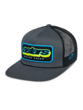 Cappello Trucker Alpinestars Phosphor, Charcoal Black, frontale in twill grigio e retro in rete nera, vivace logo Astars multicolore con scritta Racing Ahead, visiera piatta, ricamo laterale, copricapo casual ispirato al motorsport