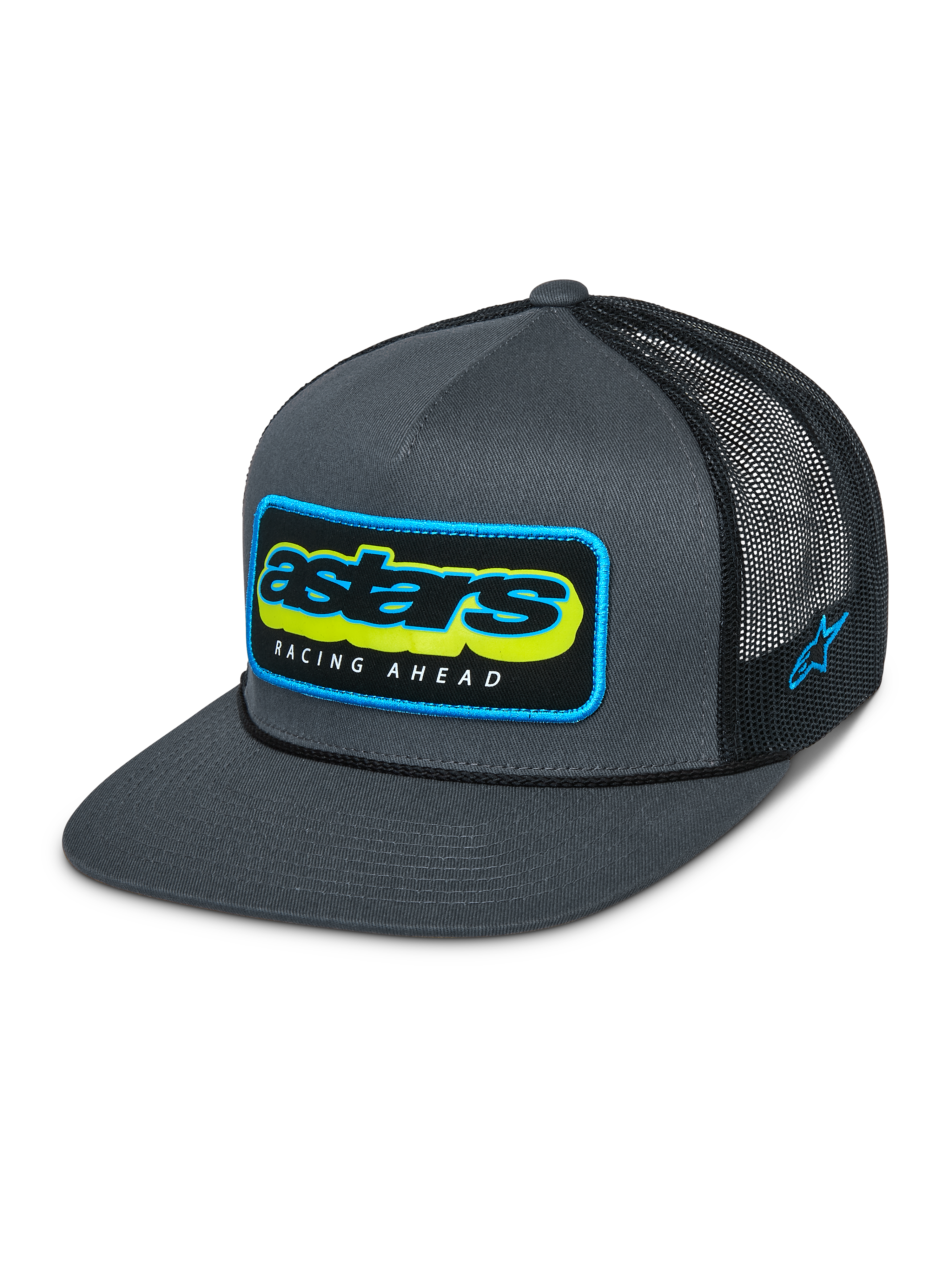 Cappello Trucker Alpinestars Phosphor, Charcoal Black, frontale in twill grigio e retro in rete nera, vivace logo Astars multicolore con scritta Racing Ahead, visiera piatta, ricamo laterale, copricapo casual ispirato al motorsport