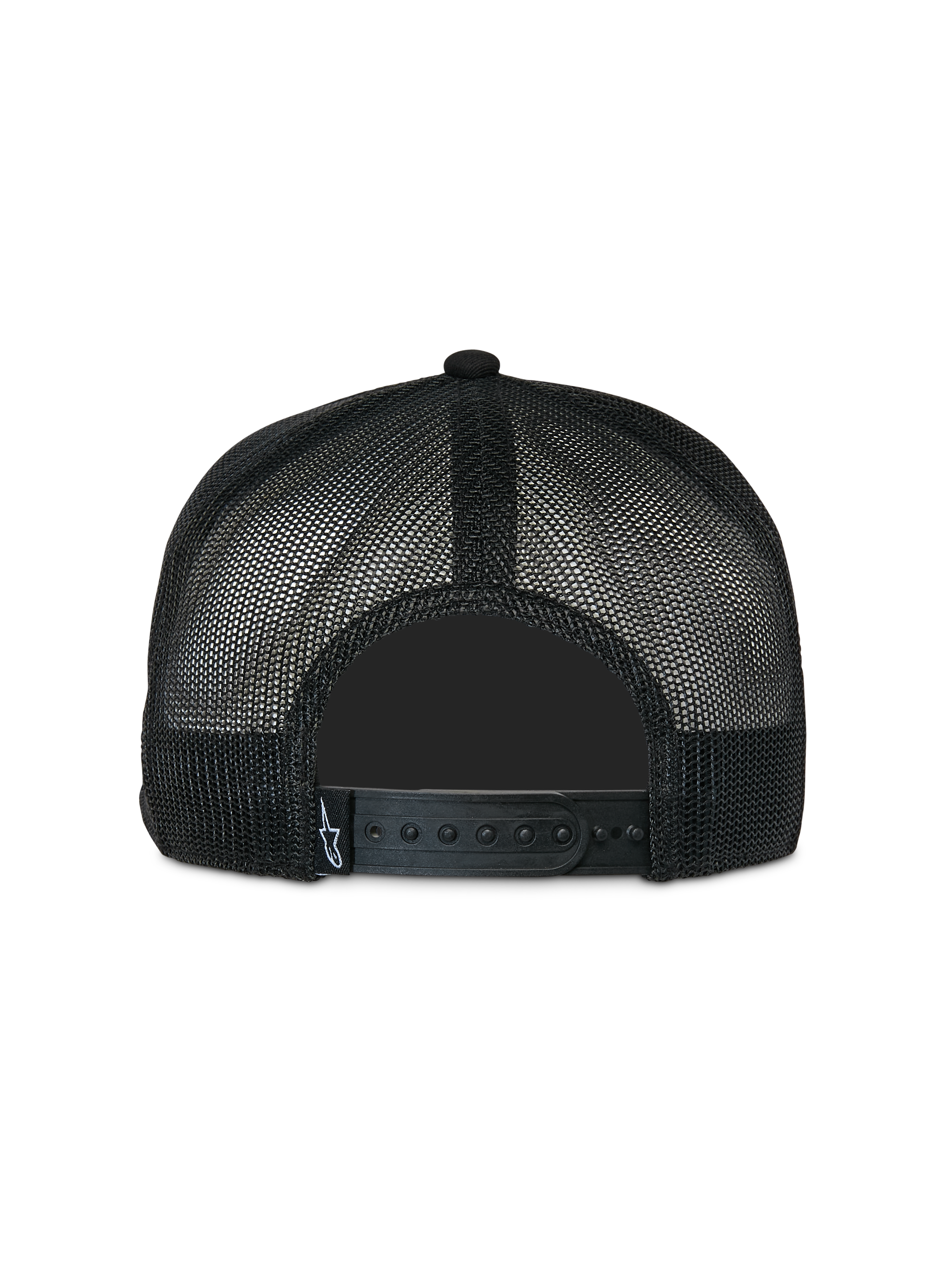 Cappellino Trucker Alpinestars Contender, nero, vista posteriore con tessuto a rete in poliestere e chiusura snapback regolabile, piccola etichetta con logo Astars bianco, copricapo casual ispirato al motorsport