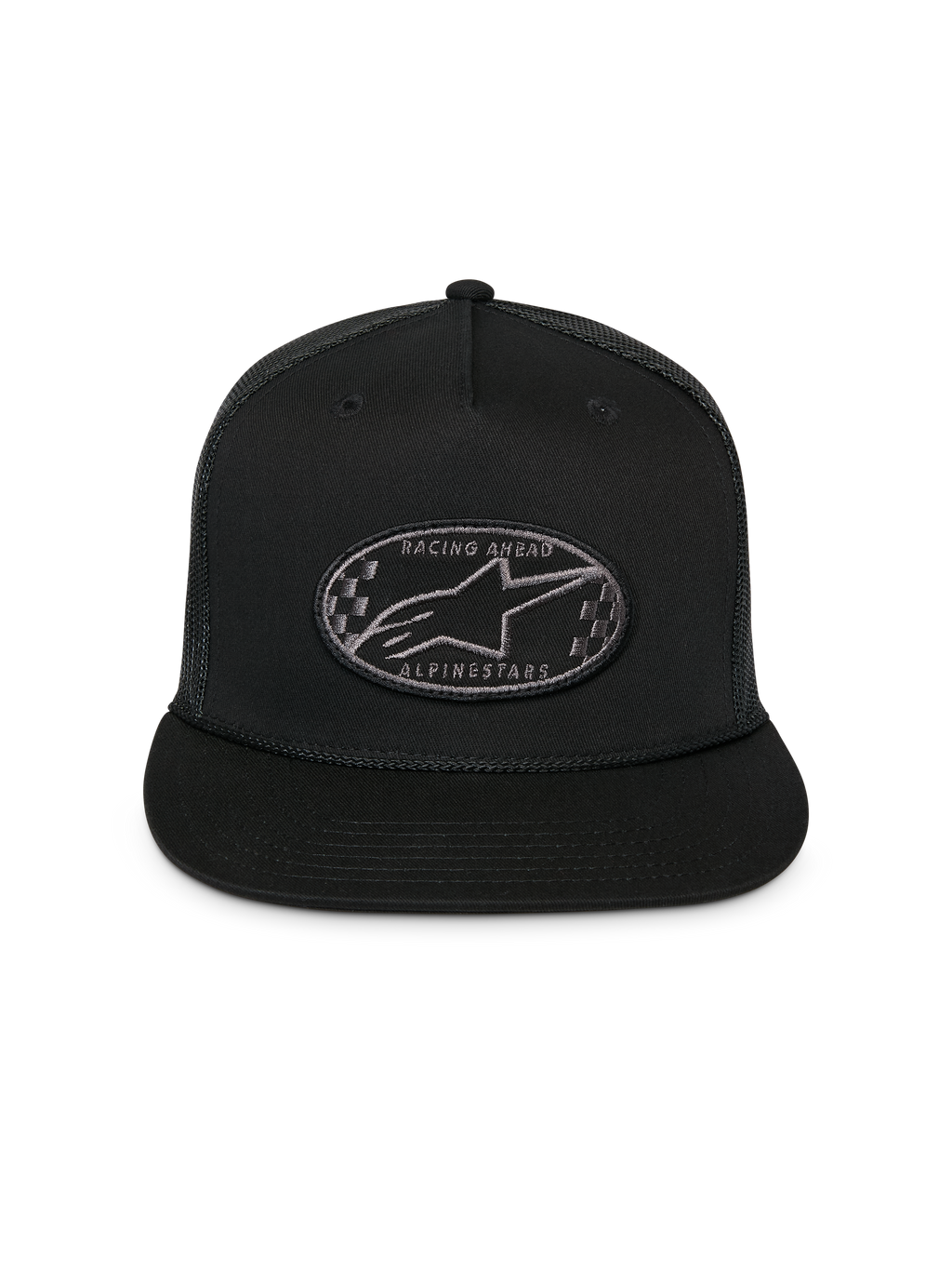 Alpinestars Cappello Trucker Contender, nero, cappellino snapback strutturato con visiera piatta, patch ricamata ovale con logo Astars a scacchi sul davanti, retro in rete, abbigliamento sportivo casual