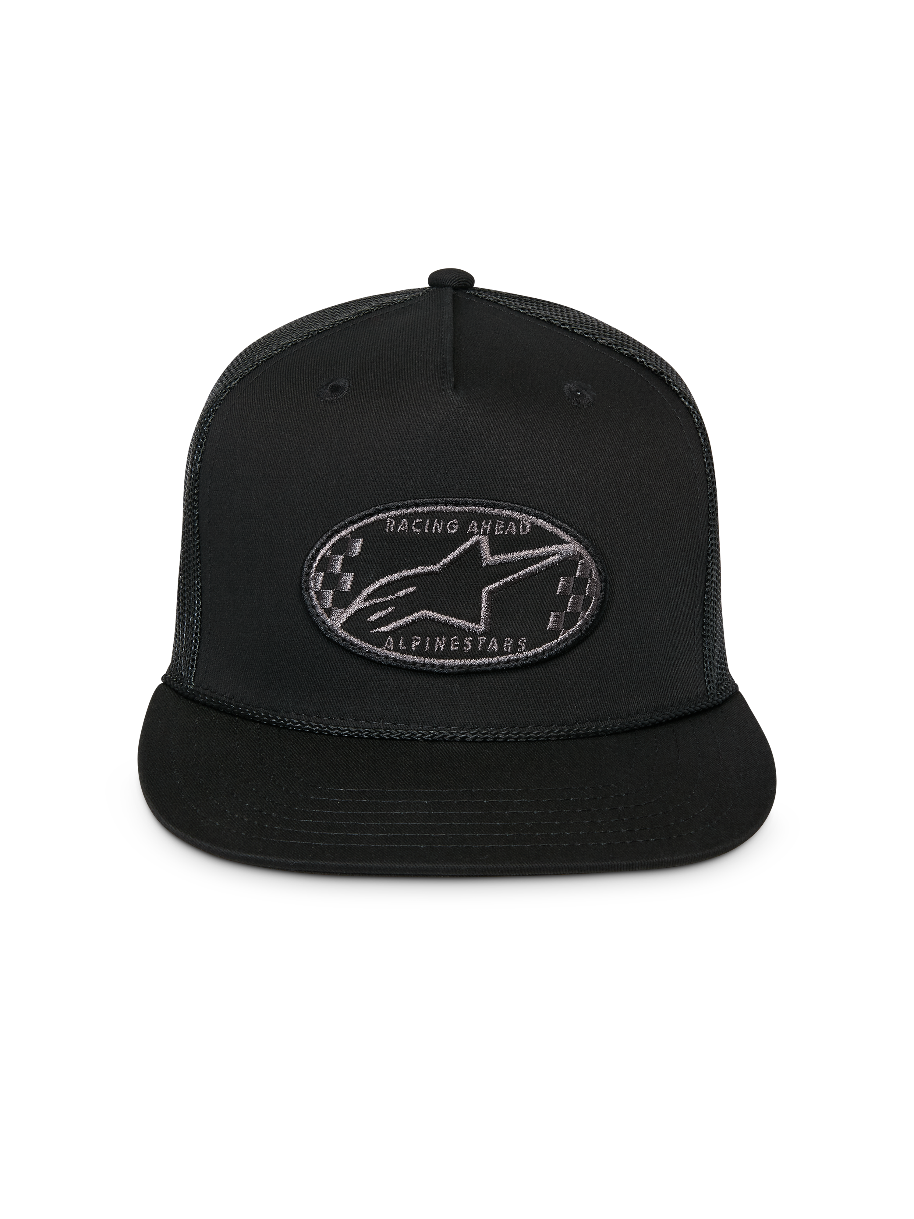 Alpinestars Cappello Trucker Contender, nero, cappellino snapback strutturato con visiera piatta, patch ricamata ovale con logo Astars a scacchi sul davanti, retro in rete, abbigliamento sportivo casual