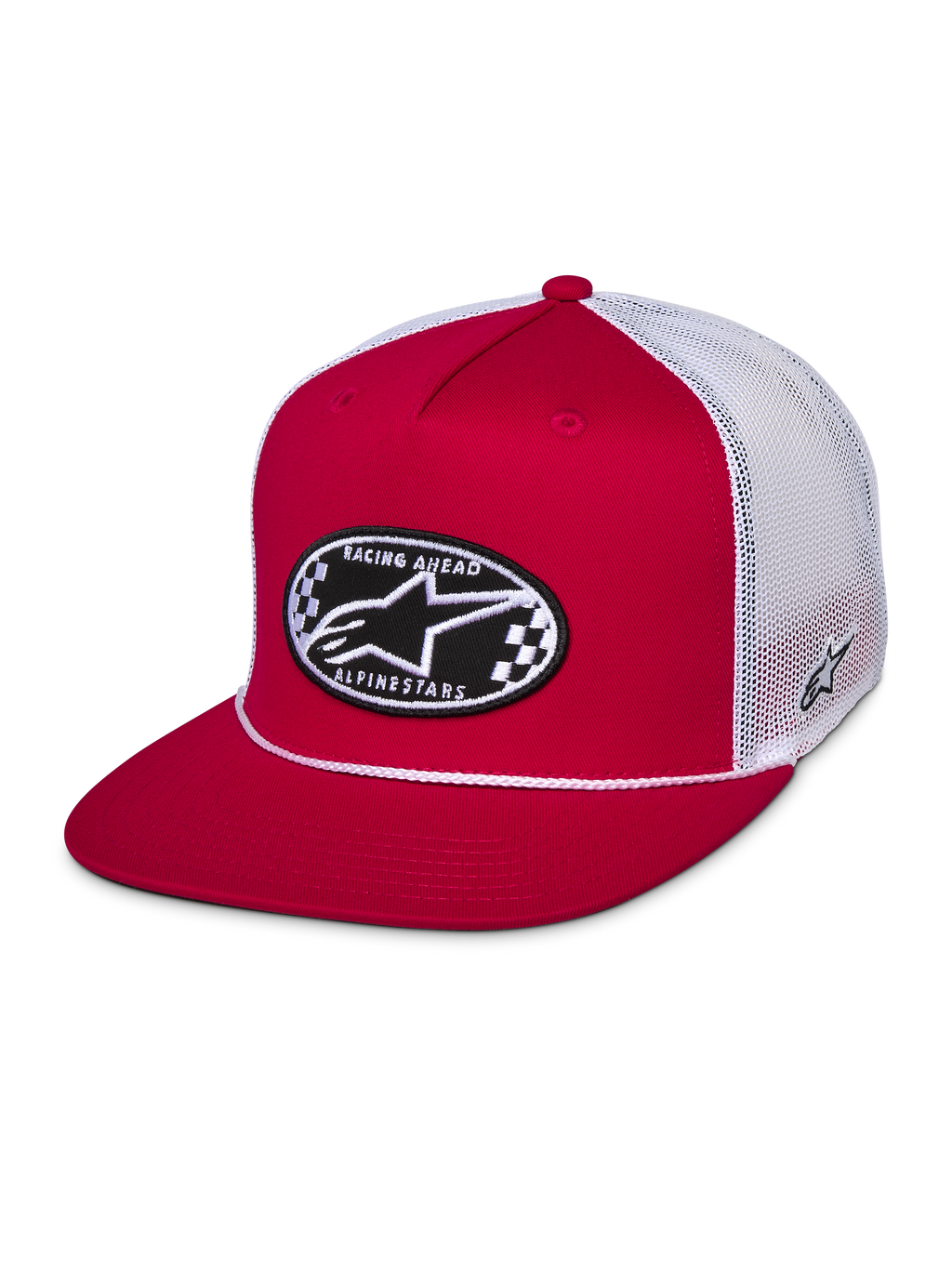 Alpinestars Cappellino Contender Trucker, rosso e bianco, snapback con visiera piatta con patch ovale ricamata Astars a scacchi sul davanti, retro in rete di poliestere bianca, streetwear casual da motorsport