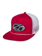 Alpinestars Cappellino Contender Trucker, rosso e bianco, snapback con visiera piatta con patch ovale ricamata Astars a scacchi sul davanti, retro in rete di poliestere bianca, streetwear casual da motorsport