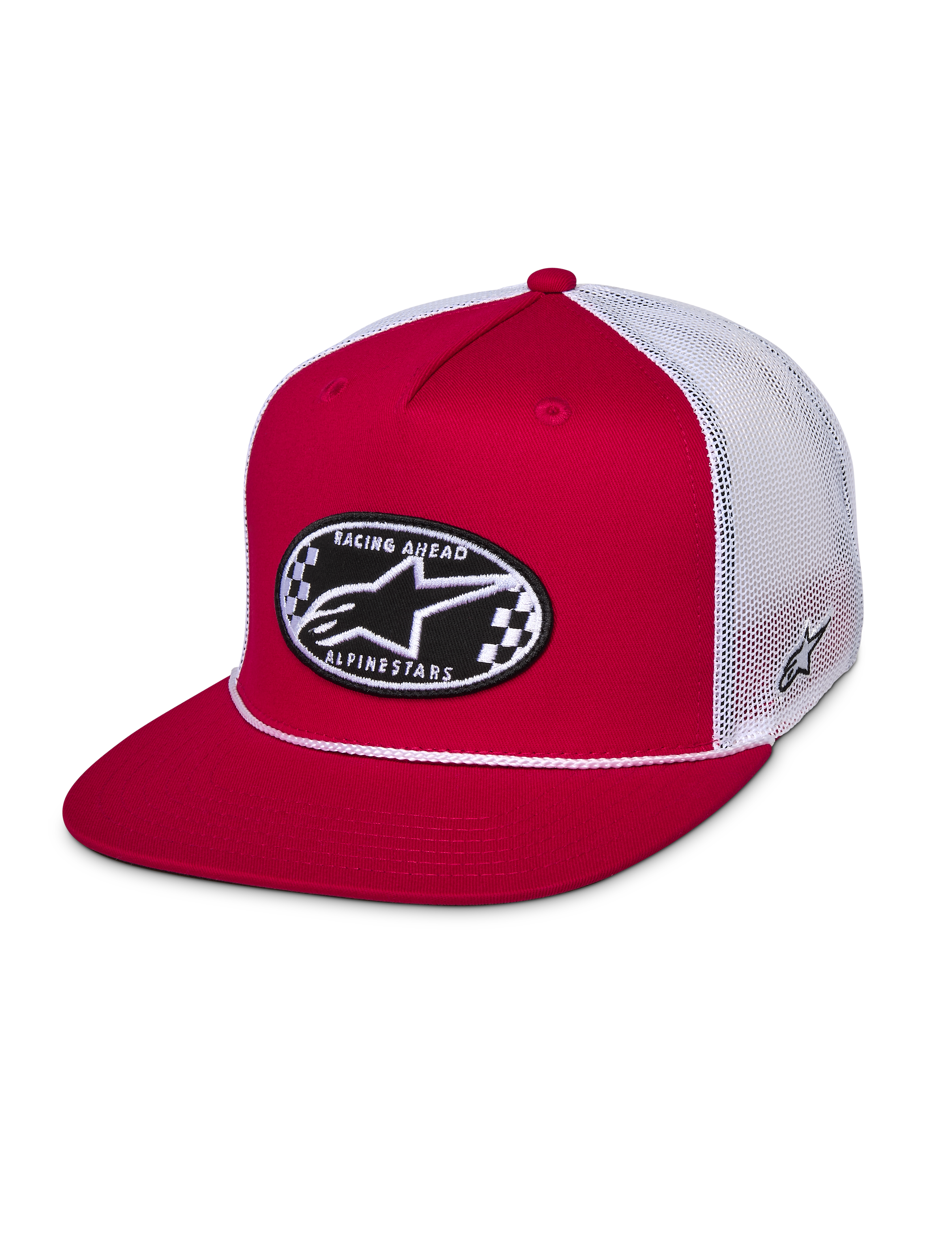 Alpinestars Cappellino Contender Trucker, rosso e bianco, snapback con visiera piatta con patch ovale ricamata Astars a scacchi sul davanti, retro in rete di poliestere bianca, streetwear casual da motorsport