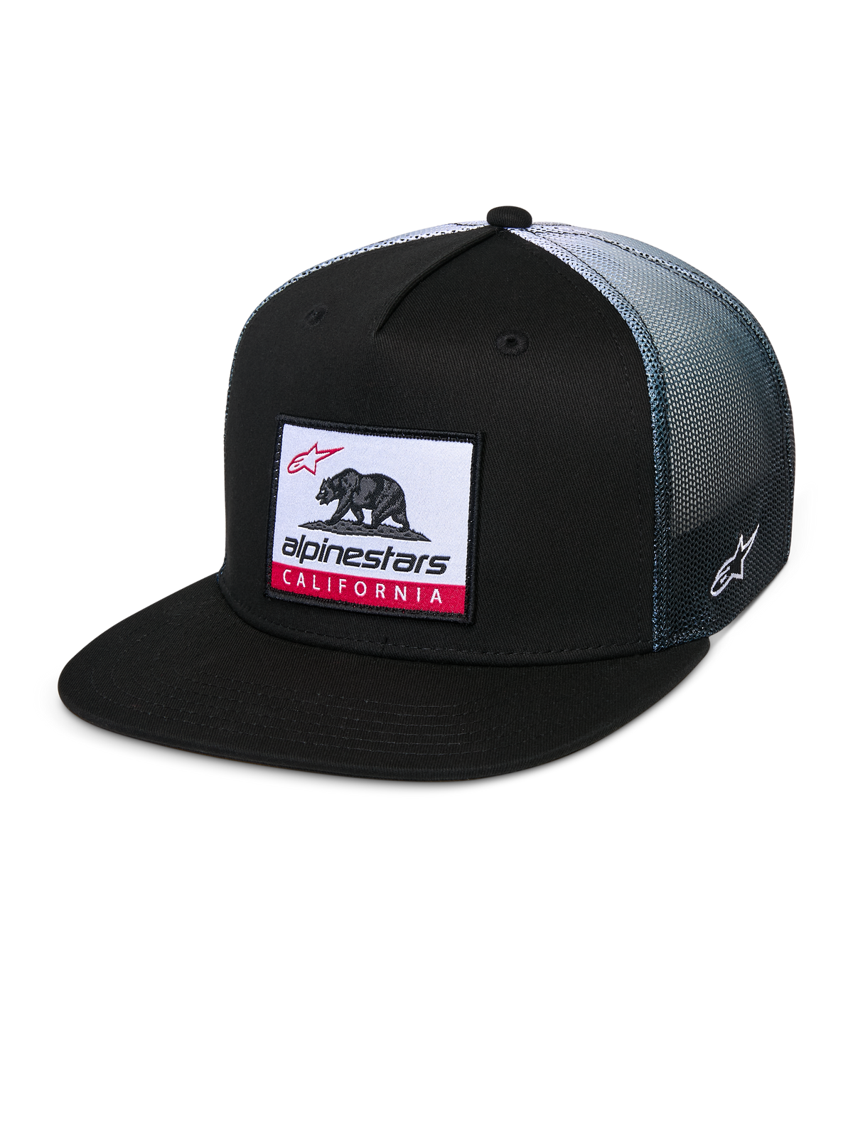 Alpinestars Cali Gradient Trucker Hat, cappello trucker, nero con retro in rete grigia sfumata, patch Cali Bear con dettagli rossi, visiera piatta, logo Astars ricamato lateralmente, abbigliamento sportivo casual