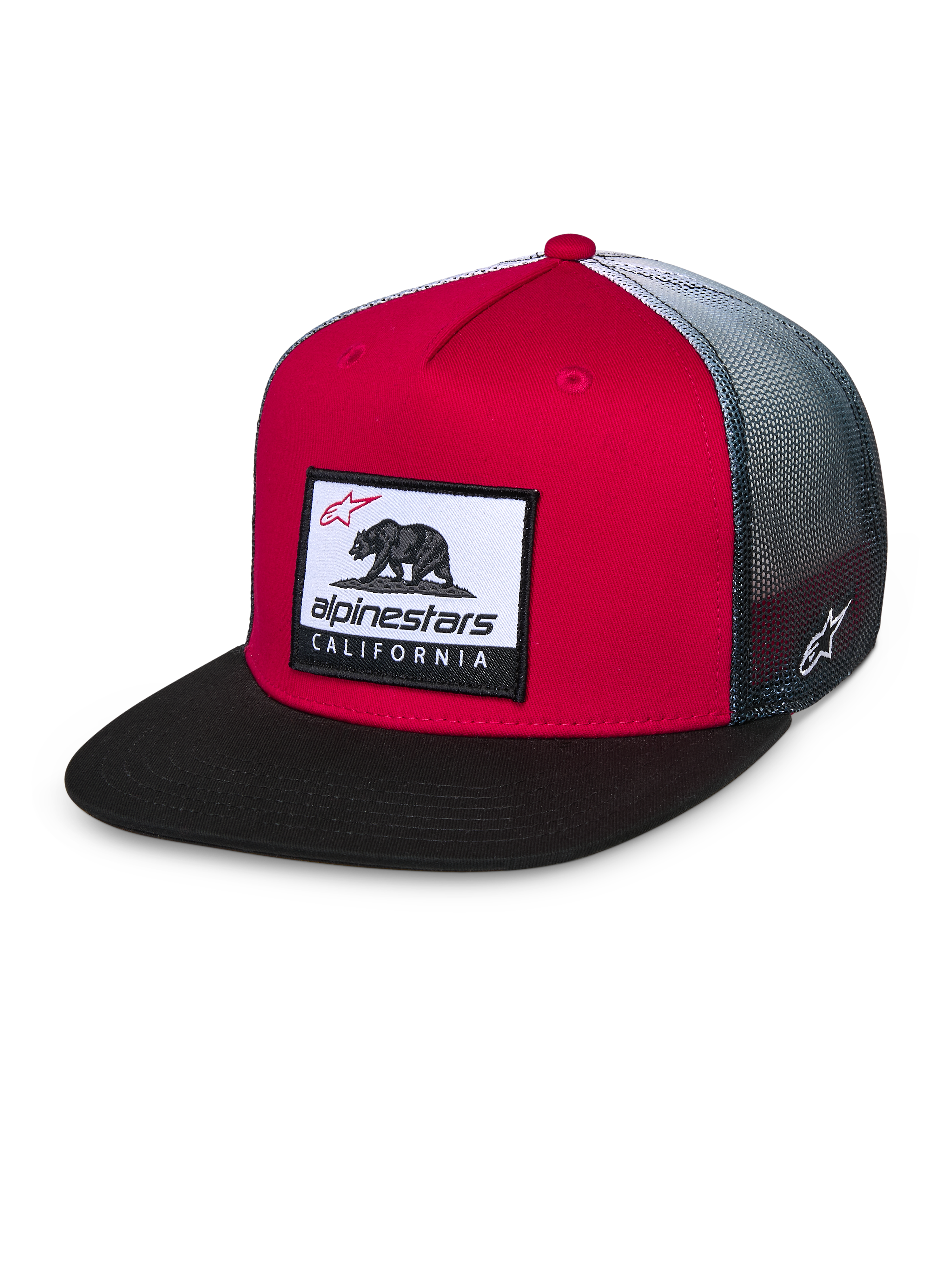 Alpinestars Cali Gradient Trucker Hat, cappellino trucker rosso, nero e bianco, corona rossa strutturata con visiera piatta nera, retro in rete grigio sfumato, toppa in tessuto Cali Bear e logo ricamato lateralmente, copricapo casual motorsport