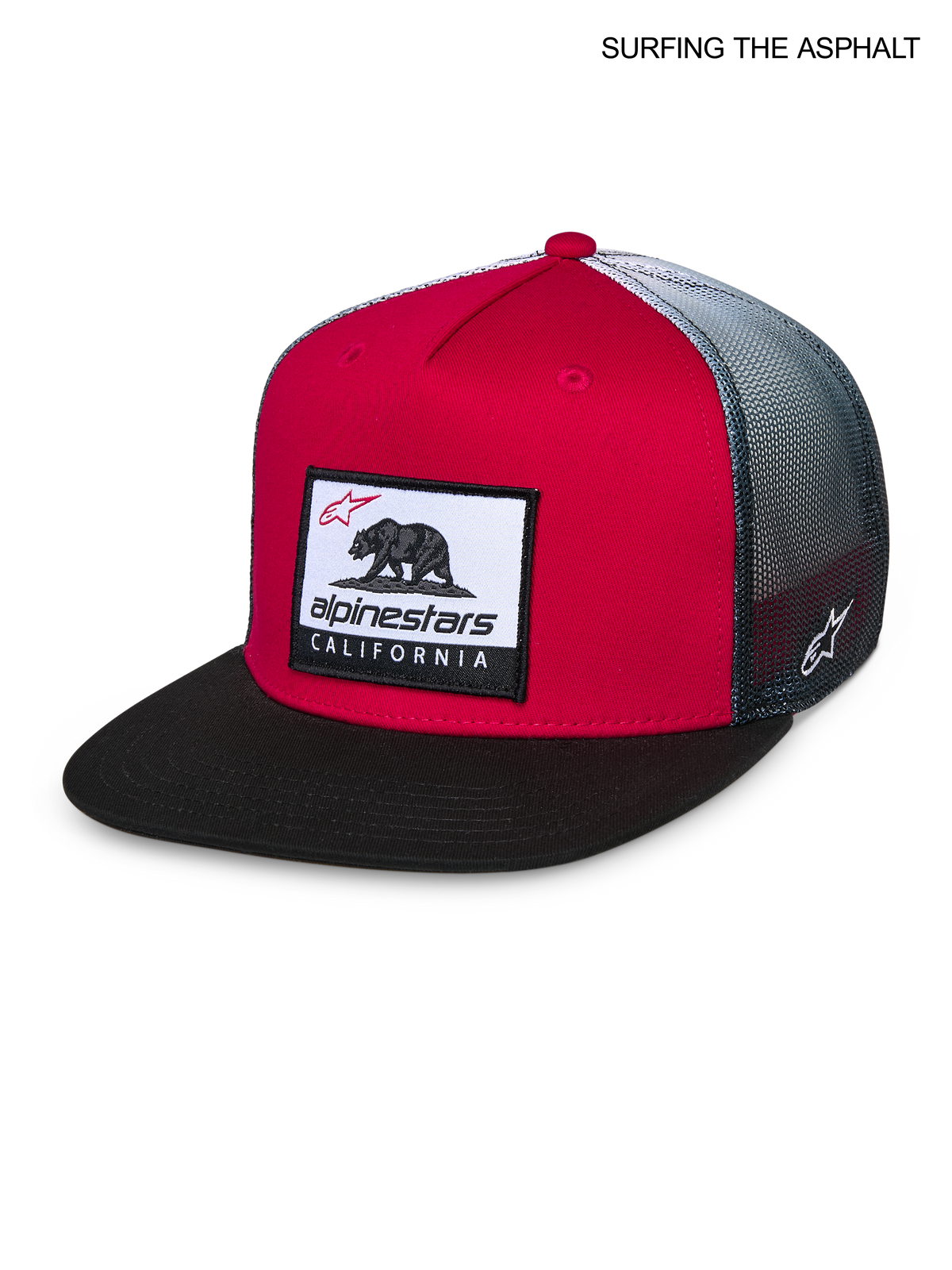 Alpinestars Cappello Cali Gradient, cappello trucker con visiera piatta, rosso, nero e bianco, con logo Cali Bear anteriore e parte posteriore in rete traspirante