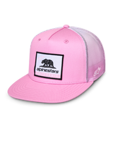 Alpinestars Cali Gradient Trucker Hat, Pink and White, flat bill cap with woven Cali Bear patch, pink twill front and gradient mesh back, casual sportswear headwear