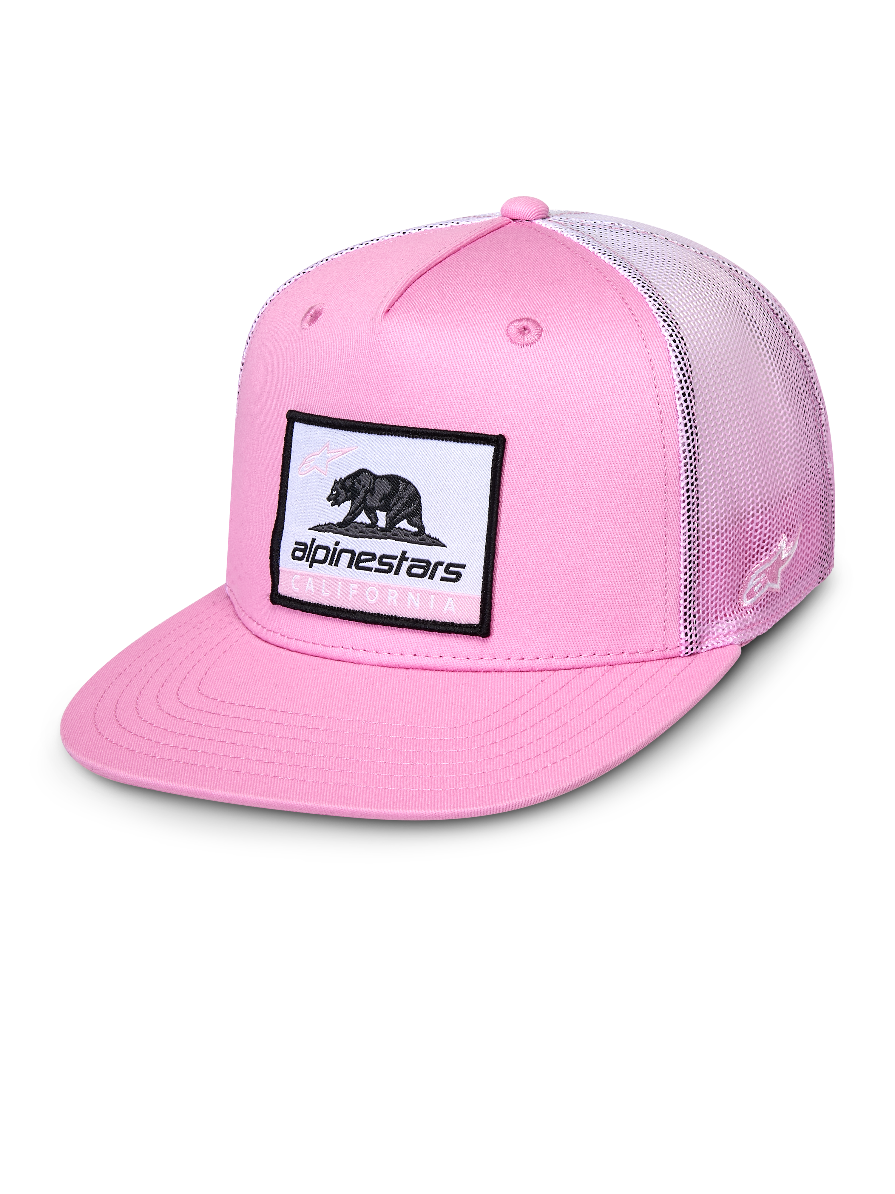 Alpinestars Cali Gradient Trucker Hat, rosa e bianco, cappellino con visiera piatta con patch tessuta Cali Bear, parte anteriore in twill rosa e retro in rete a gradiente, copricapo casual sportivo