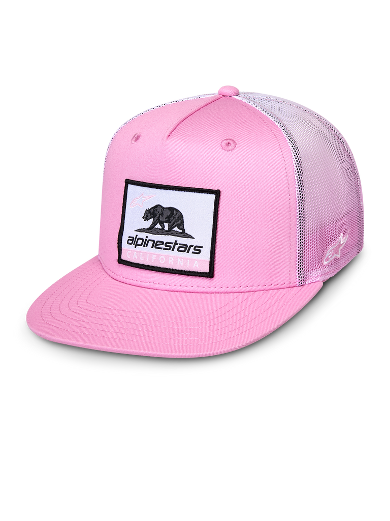 Alpinestars Cali Gradient Trucker Hat, rosa e bianco, cappellino con visiera piatta con patch tessuta Cali Bear, parte anteriore in twill rosa e retro in rete a gradiente, copricapo casual sportivo