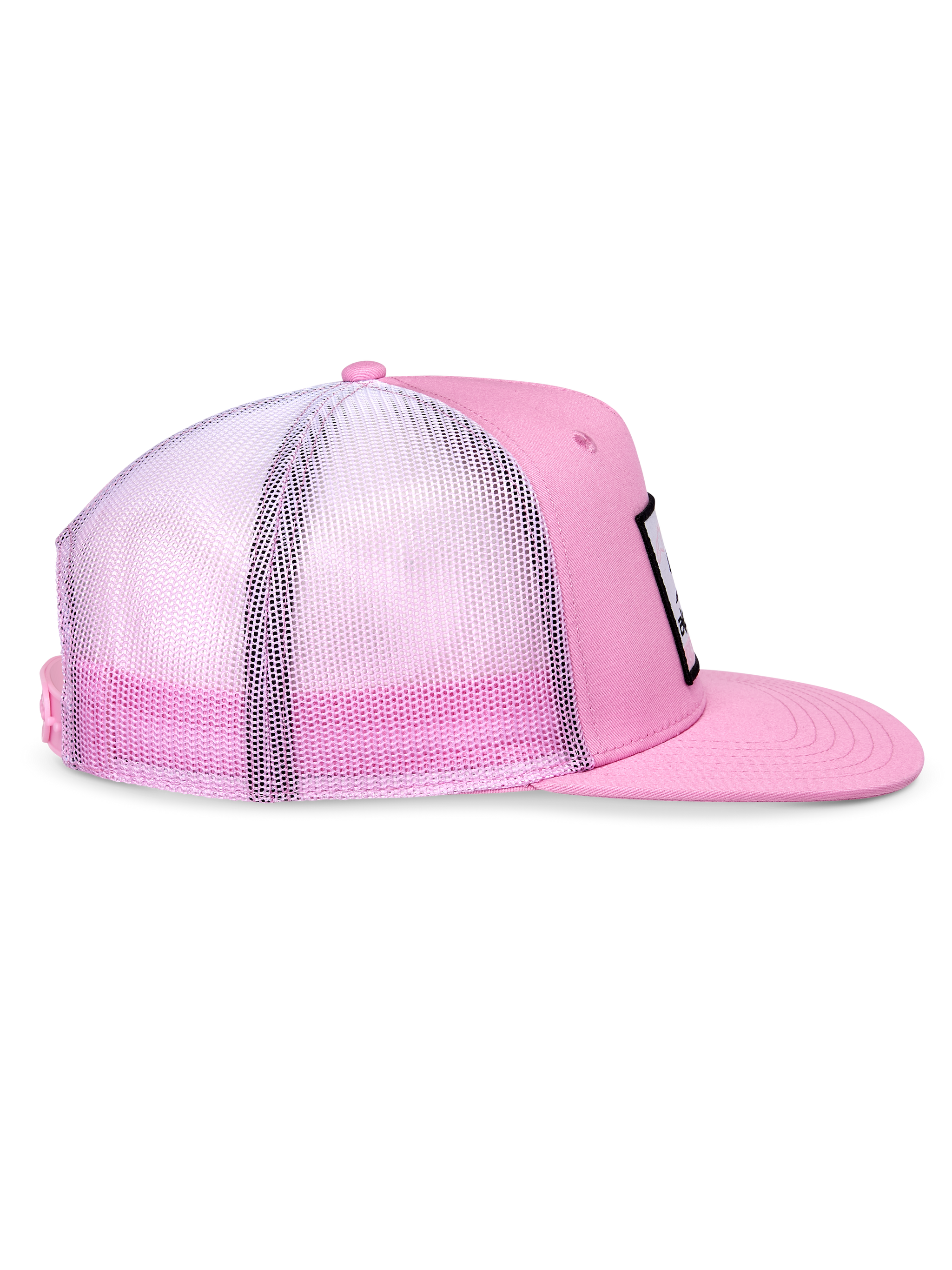 Alpinestars Cali Gradient Trucker Hat, Pink and White, side profile view, flat bill with pink twill front, breathable white to pink gradient mesh back, casual trucker-style snapback cap