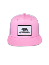 Alpinestars Cali Gradient Trucker Hat, Pink and White, flat bill trucker cap, front white woven label patch with black California bear and Alpinestars branding, pink twill front with mesh gradient back, casual sportswear