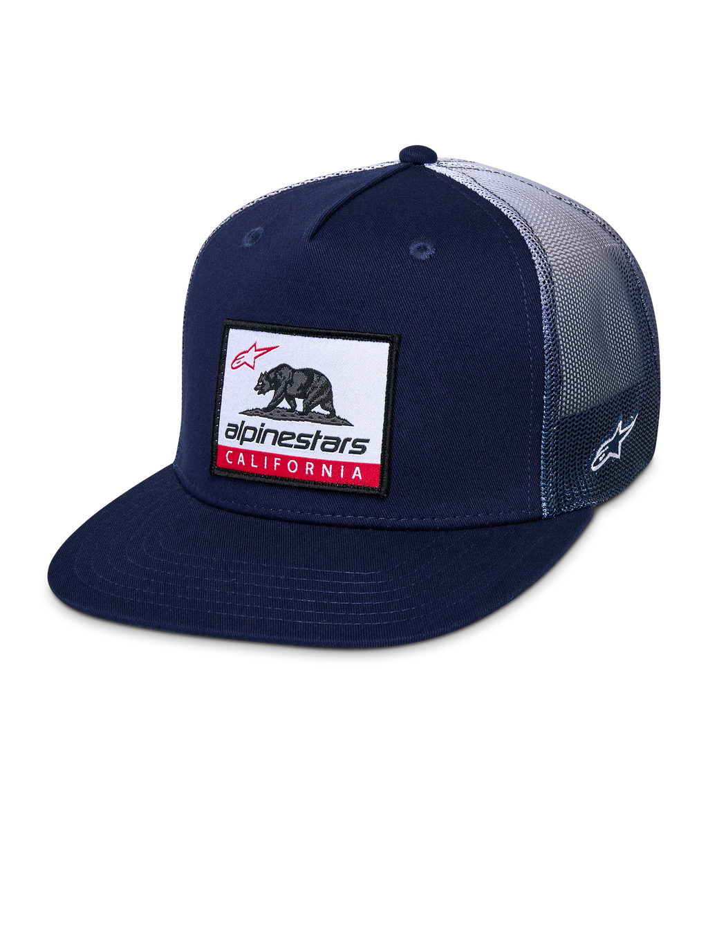 Alpinestars Cali Gradient Trucker Hat, cappellino snapback, blu navy e bianco, con visiera piatta, toppa tessuta con orso della California sul davanti, retro in rete di poliestere a gradiente e ricamo laterale del logo Astars