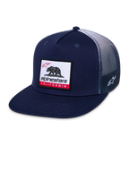 Alpinestars Cali Gradient Trucker Hat, cappellino snapback, blu navy e bianco, con visiera piatta, toppa tessuta con orso della California sul davanti, retro in rete di poliestere a gradiente e ricamo laterale del logo Astars