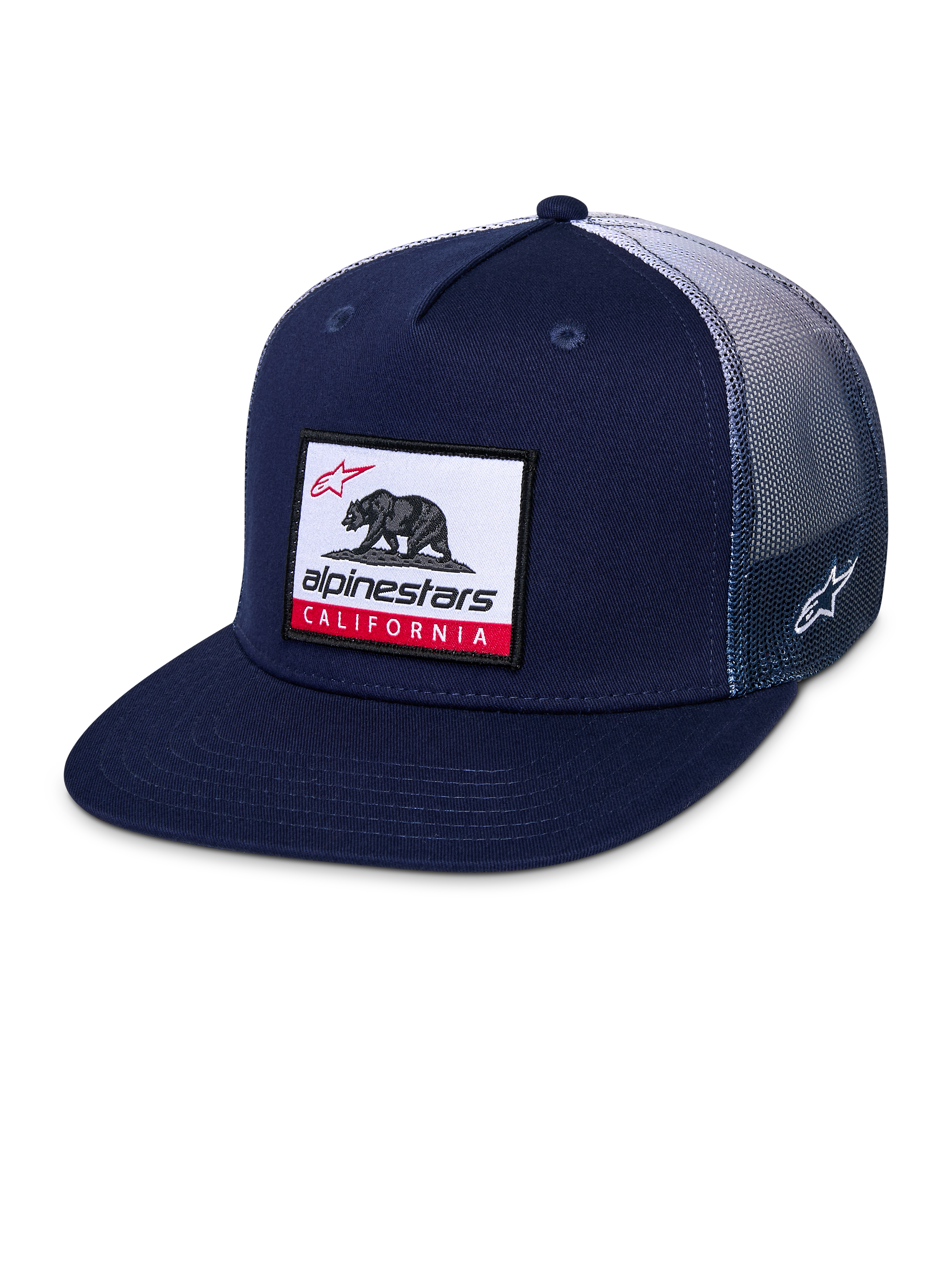 Alpinestars Cali Gradient Trucker Hat, cappellino snapback, blu navy e bianco, con visiera piatta, toppa tessuta con orso della California sul davanti, retro in rete di poliestere a gradiente e ricamo laterale del logo Astars