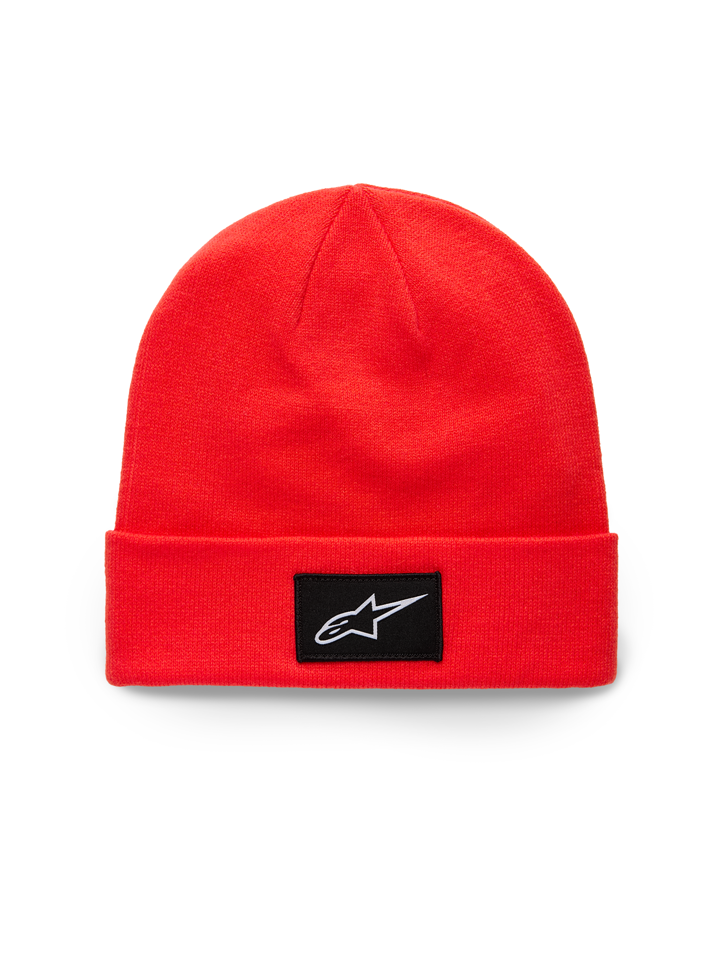 Alpinestars Augment Cuff Beanie, berretto in maglia con risvolto rosso acceso, con patch tessuta nera e logo Astars bianco, abbigliamento sportivo casual