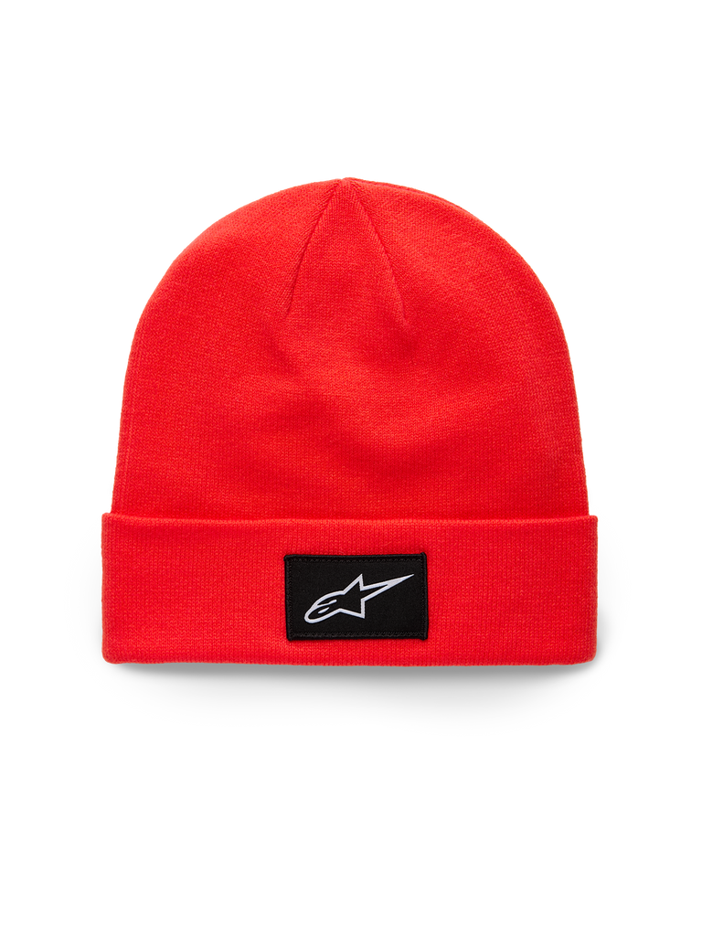 Alpinestars Augment Cuff Beanie, berretto in maglia con risvolto rosso acceso, con patch tessuta nera e logo Astars bianco, abbigliamento sportivo casual