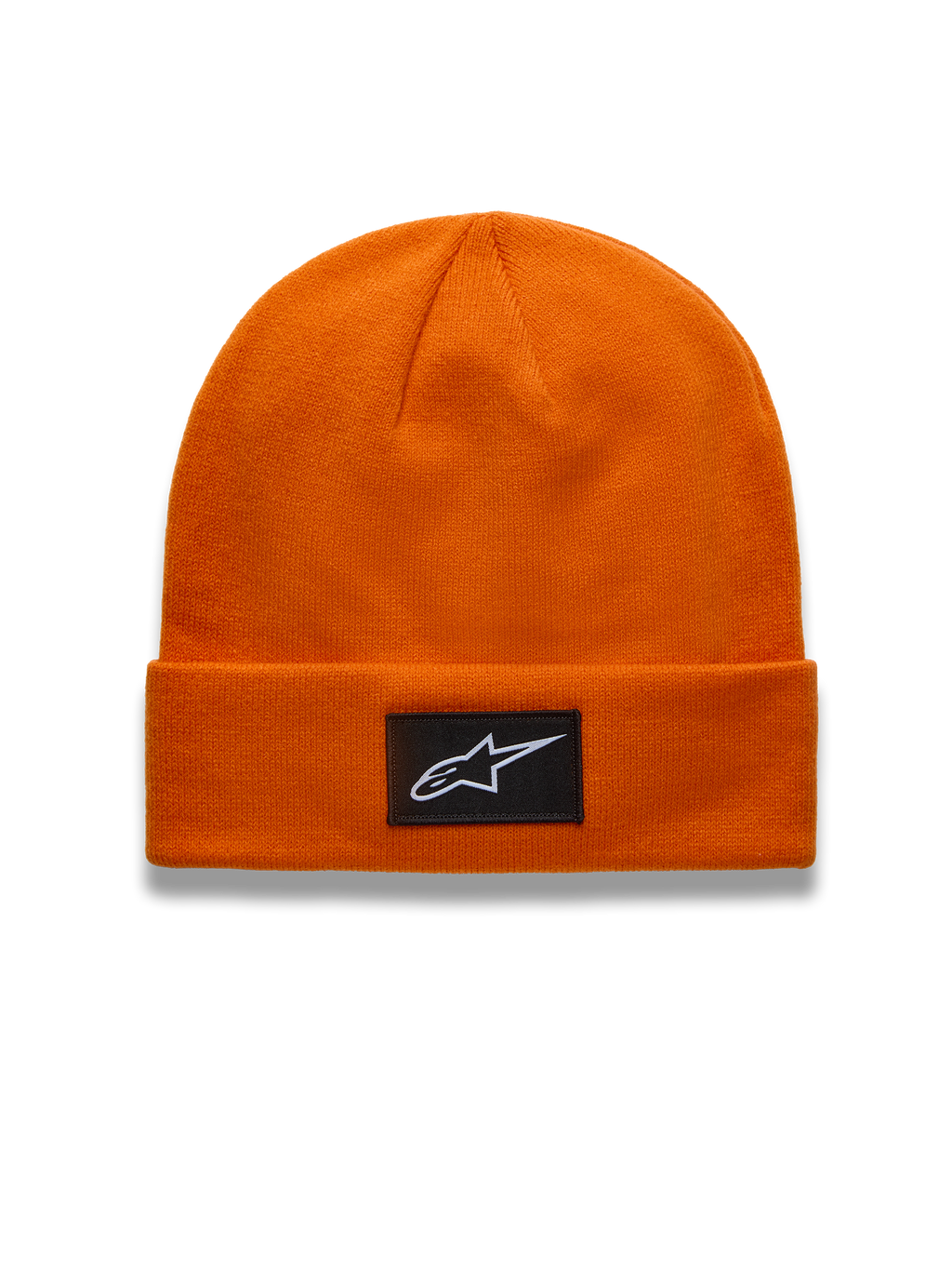 Alpinestars Augment Cuff berretto, berretto in maglia jersey arancione con patch nera del logo Astars sul risvolto, vestibilità profonda, abbigliamento casual ispirato al motorsport.