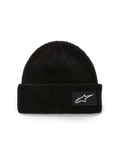 Alpinestars Unload Rib Cuff Beanie, berretto in maglia, nero, con risvolto a coste e patch tessuta con logo Astars bianco, vestibilità bassa, abbigliamento sportivo casual