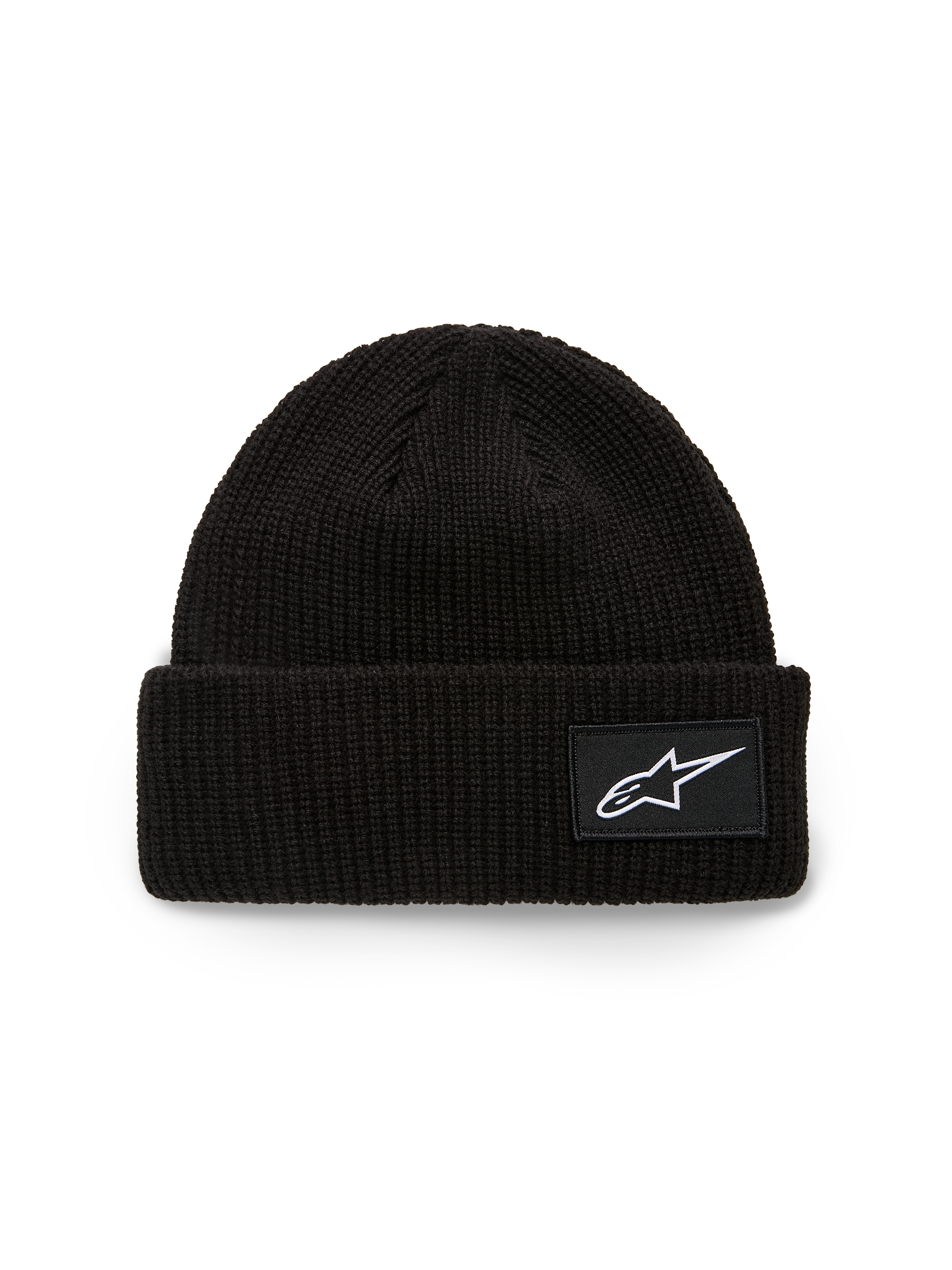 Alpinestars Unload Rib Cuff Beanie, berretto in maglia, nero, con risvolto a coste e patch tessuta con logo Astars bianco, vestibilità bassa, abbigliamento sportivo casual