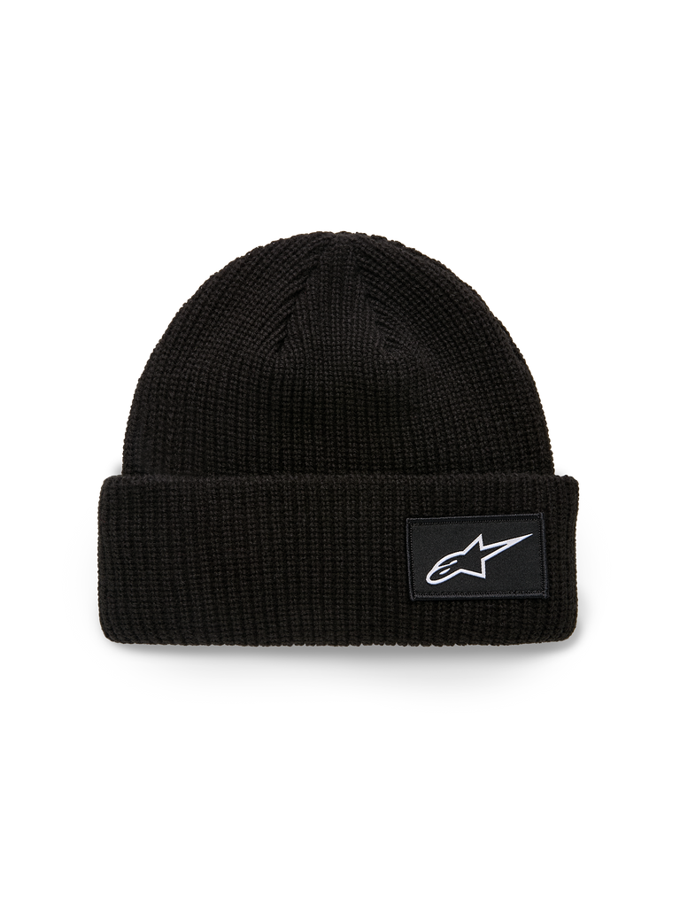 Alpinestars Unload Rib Cuff Beanie, berretto in maglia, nero, con risvolto a coste e patch tessuta con logo Astars bianco, vestibilità bassa, abbigliamento sportivo casual