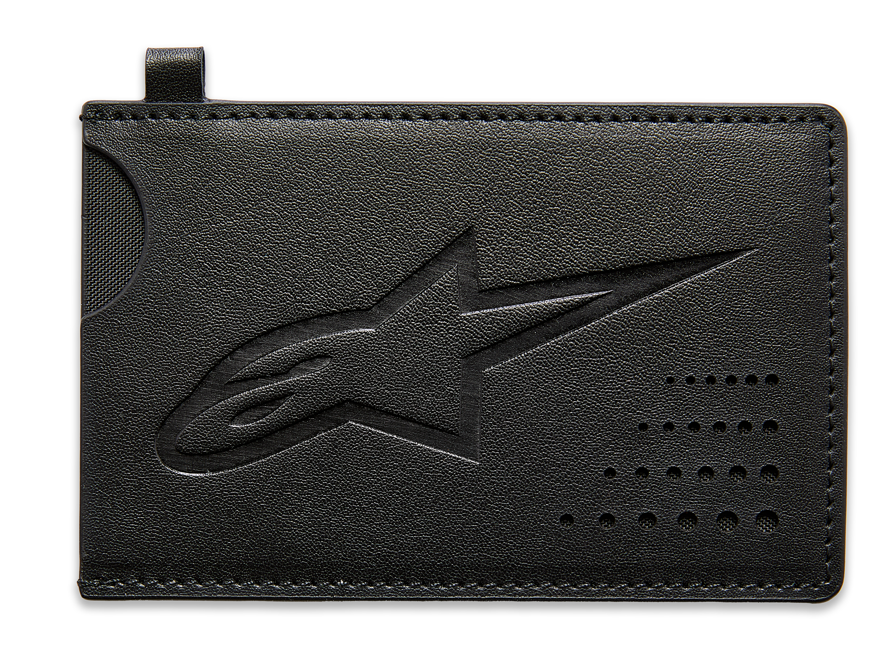 Portacarte Alpinestars Ageless, portacarte in pelle divisa nera, logo Astars in rilievo, intaglio curvo per facilitare l'estrazione delle carte, dettaglio a puntini traforati, accessorio sottile ispirato al motorsport