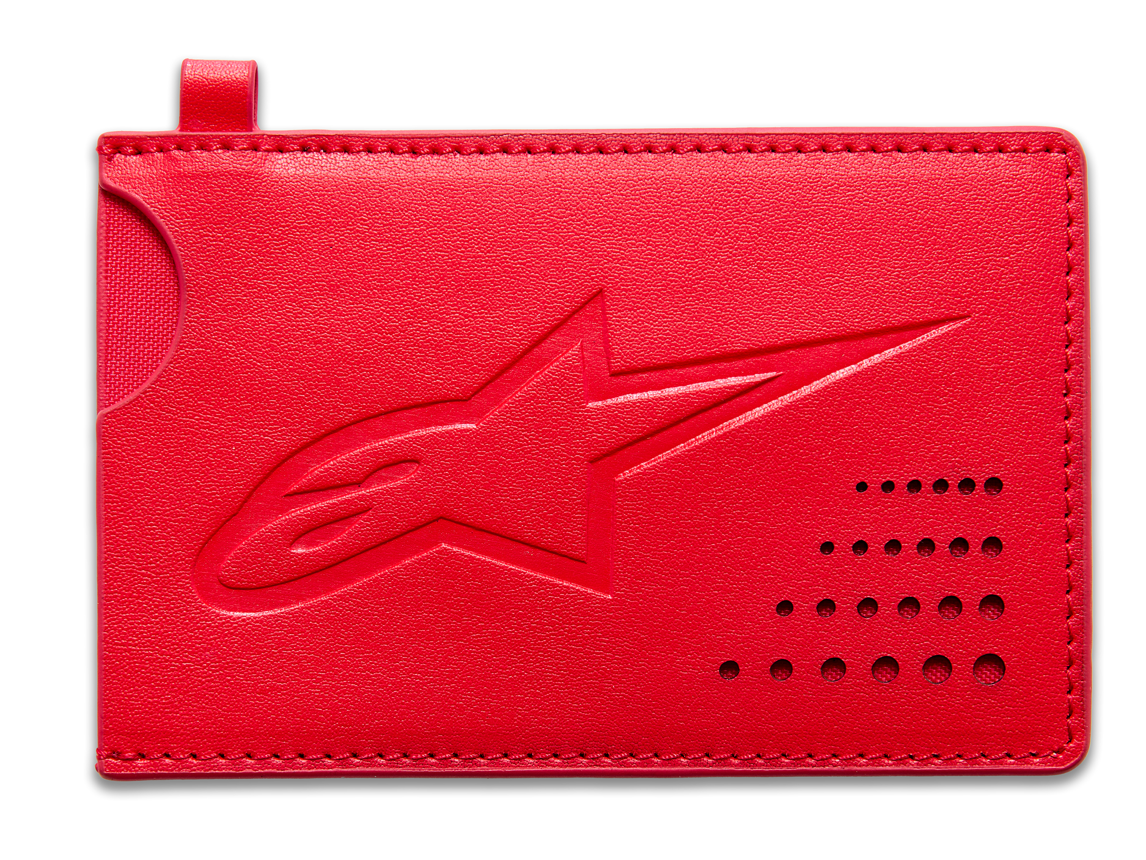 Portacarte di credito Alpinestars Ageless, rosso, portafoglio in pelle classica divisa, logo Astars impresso, intaglio curvo, dettaglio angolare traforato, accessorio sottile e minimalista